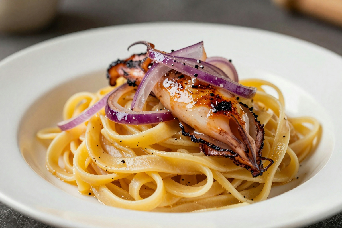Tagliatelle di calamaro arrostito: un piatto gourmet da gustare con un gel di cipolla rossa inaspettato